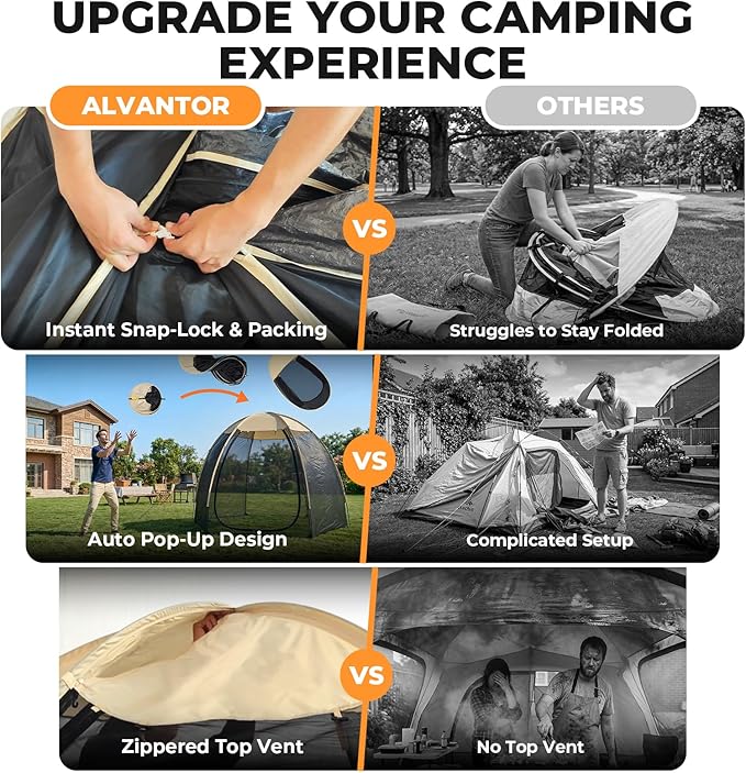 Alvantor® Pop Up Screen House Tent, Snap-fit Mesh Screen Gazebo with Peaked Roof, Portable Screen Room Canopy Shelter with Sandbags for Camping, Backyard, Picnic