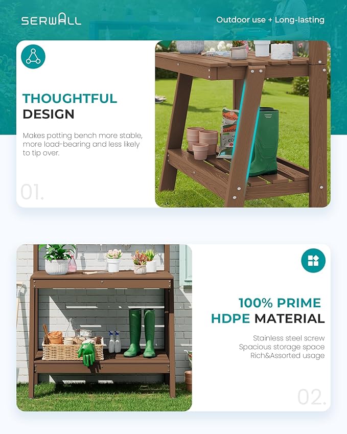 SERWALL Potting Bench Outdoor with Storage, 3-Tier HDPE Gardening Table with Angled Legs & Tool Hooks, All-Weather Heavy Duty Potting Table for Patio, Backyard, Garden, Brown