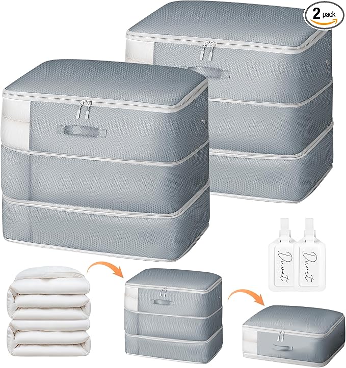 Comforter Storage Bag - Large Capacity Blanket Storage Bags 3-Layer Ultra Space Saving Self Compression Organizer, Washable Compression Bags for Storage Comforter Blanket, 2-Pack, Grey