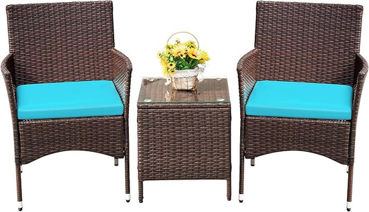 Devoko Patio Porch Furniture Sets 3 Pieces PE Rattan Wicker Chairs with Table Outdoor Garden Furniture Sets (Brown/Blue)