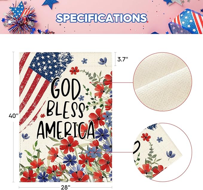 AVOIN colorlife 4th of July Patriotic Memorial Day House Flag 28x40 Inch Double Sided Outside, American Stars and Stripes God Bless America Floral Yard Outdoor Decoration