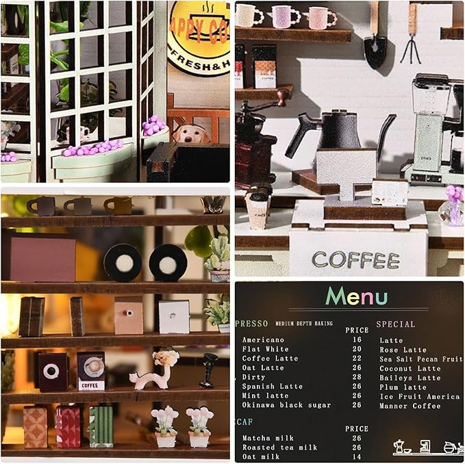 Green House Book Nook Kit - DIY Miniature Coffee Garden 3D Wooden Puzzle, Booknook Bookshelf Decor for Adults Teens, Creative Craft Kits Gift for Family Friends