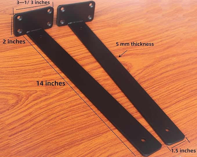 4 Pack - 14 inch Black Hidden L Shelf Bracket (1/5 Inch Thicked) Iron Floating Shelf Brackets Rustic Industrial Metal Brackets for Shelf Support