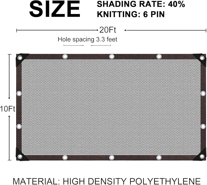 40% Shade Cloth with Grommets, 10Ft x 20Ft Garden Mesh Shade Tarp Sun Shade Net for Greenhouse, Cover, Patio, Plant, Flower, Chicken, Coop