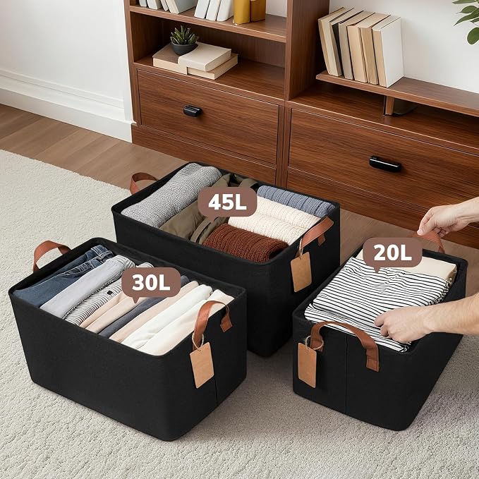 CHICVITA 45L Extra Large Fabric Storage Bins for Shelves, 2Pack, Black | 19" L x 13" W x 11" H Collapsible Storage Baskets for Toys & Blankets, Fits Nursery & Living Room Organization, Metal Frame