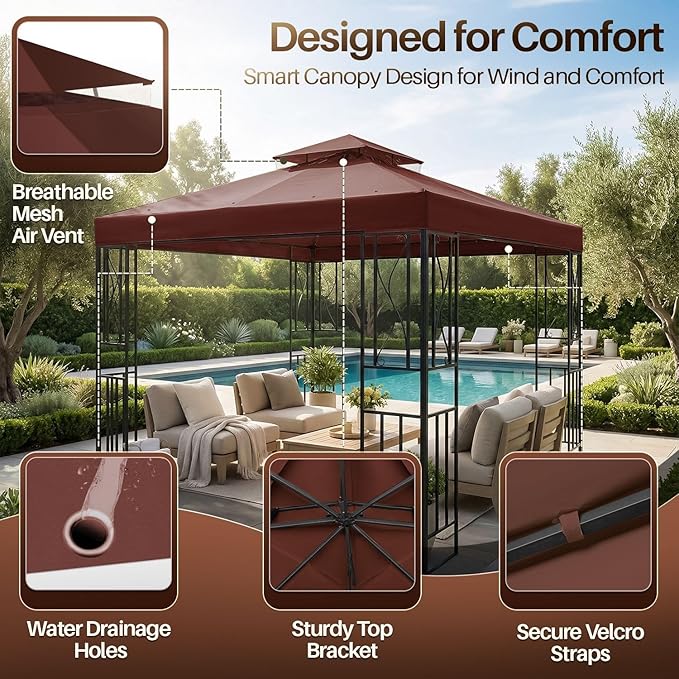 Flexzion Gazebo Cover Replacement Canopy Top 8x8 Ft (2.4m x 2.4m) - Double Tier Top Canopy Cover Replacement with UV30+, Dirt, Water Resistant for Outdoor, Sunshade, Garden, Patio, Pavilion (Brown)