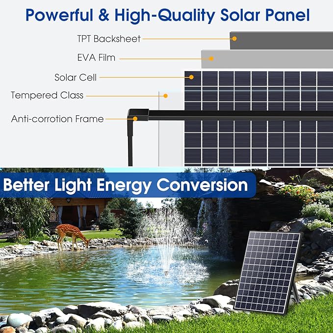 POPOSOAP Solar Pond Pump 25W, Solar Water Pump with Water Flow Adjustable, Solar Fountain with Water Shortage Protection &16.5Ft Cord & 6.56FT PVC Tubing for Ponds, Waterfall, Garden P125H