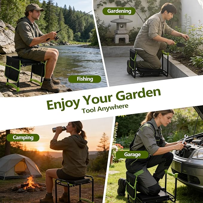 Garden Kneeler and Seat, Heavy Duty Garden Stool with 11" Wide Detachable Kneeling Pad, Foldable Garden Bench Chair with Gardening Tool Pouch and Bag, Gardening Gifts for Women, Seniors
