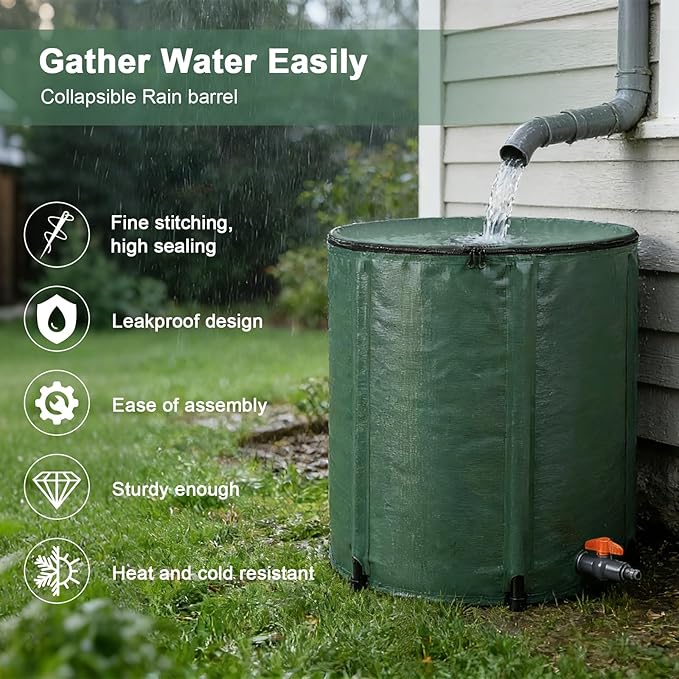50 Gallon Collapsible Rain Barrel, Foldable Water Storage Tank, Support Rods & Drain Valve, Portable Rainwater Collection System for Garden Irrigation and Outdoor Use
