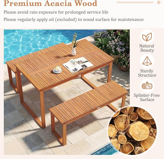 Tangkula Acacia Wood Outdoor Bench Backless Set of 2, 2-Person Wood Patio Bench with Slatted Seat, Outdoor Backless Dining Bench for Backyard, Poolside, Porch (43.5")