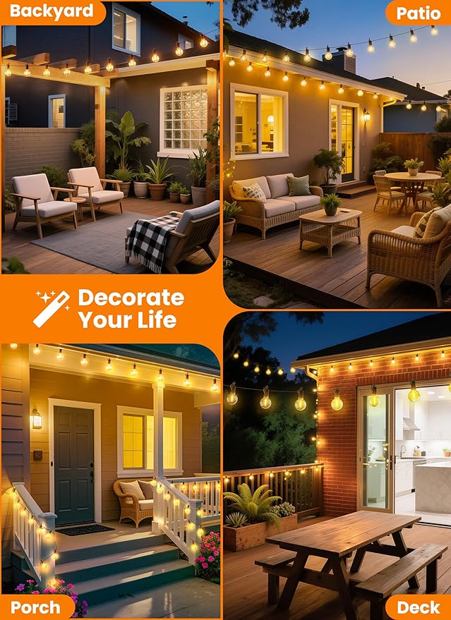 Outdoor String Patio Lights, 50FT 25 LED Patio Lights Waterproof, Connectable Shatterproof Hanging Outside String Light for Backyard, Porch, Deck, Balcony, Garden, House Decor, 2200K