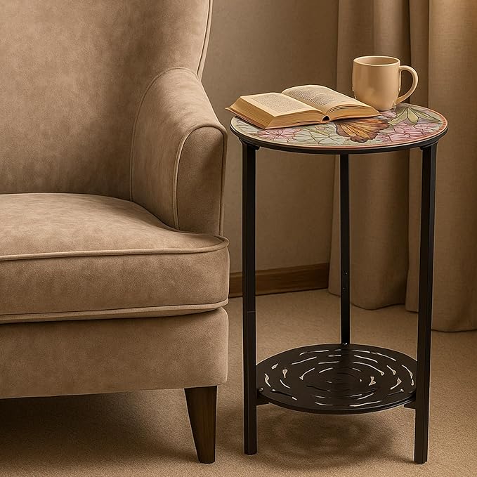 2-Tier Metal Round Side Table Black Accent Coffee Tables Small Space Corner Plant Stand Shelf for Indoor Outdoor Use Patio Balcony End Table Butterfly Print Weather-Resistant