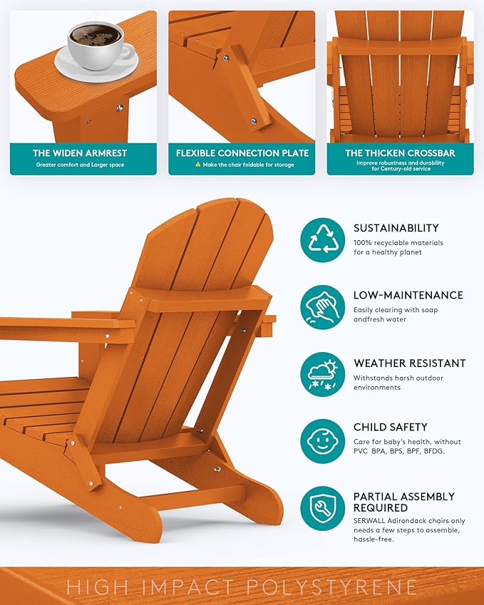 SERWALL Adirondack Chair Set of 6, Weather Resistant HIPS Lawn Chairs with Cup Holder for Patio Garden Weather Resistant Outdoors Fire Pit Chairs- Orange