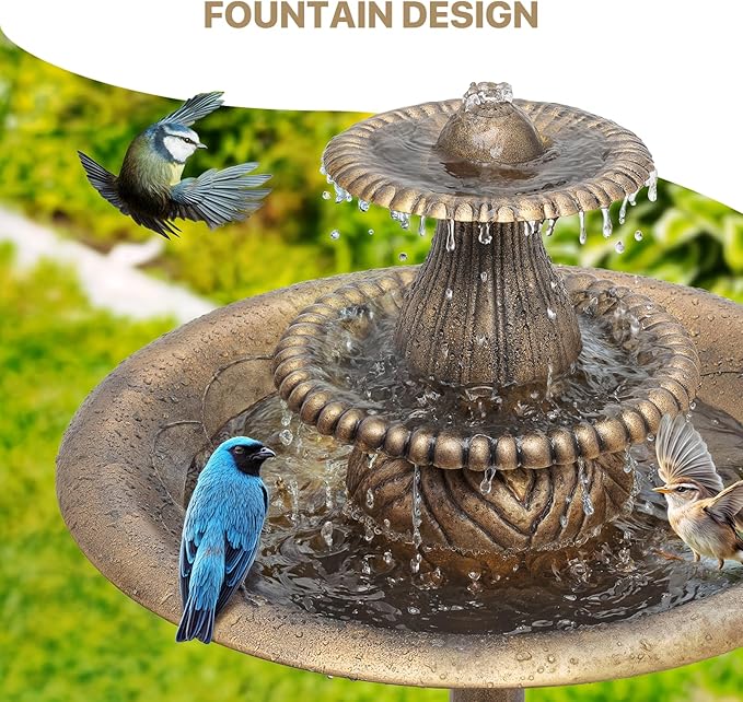 Athena Collection 37'' Height Bird Bath Vintage Pedestal Birdbath Electric Water Fountain with Recirculating Pump Polypropylene Floral Accents 3 Tier Birdbath for Outside, Patio, Garden, Bronze