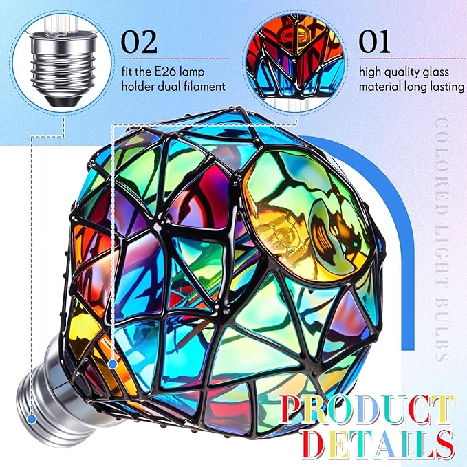 Baquler 2 Pcs Stained Glass LED Light Bulb Diamond Shape E26 Base A60 6 Watts G95 Shape Colorful Flickering Light Bulbs for Christmas, Home Balcony Garden Party Decoration (Innovation)