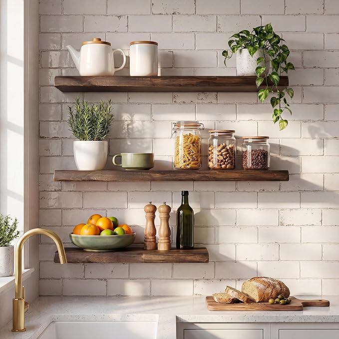 40" Live Edge Floating Shelf, Solid Elm Wood Wall Shelf | 1.4" Extra Thick, 9.3" Deep, FSC Certified Vintage Finish for Bedroom, Kitchen & Bathroom Storage Decor