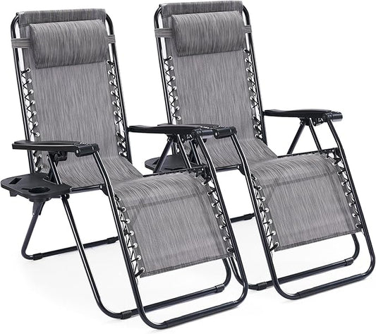 Sweetcrispy Zero Gravity Chairs, Set of 2 Portable Recliner Beach Camping Patio Outdoor Folding Lounge Chair with Cup Holder Trays and Adjustable Pillow for Poolside, Garden, Backyard, Lawn (Grey)