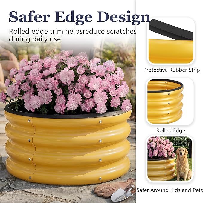 2 x 2 x 1 ft Round Raised Garden Bed, Yellow 3 Pack 0.6 mm Thick Galvanized Steel Planter Box with Double Layer Paint and Safety Edge Trim for Vegetables Flowers Herbs Outdoor Garden