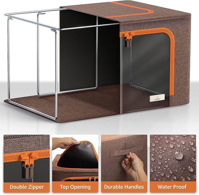 Sorbus Clothing Storage Bins with Clear Window, Metal Frame (4 Pack, Brown) | Oxford-fabric containers with carry handles stack neatly to organize bedding and linens in closets and laundry rooms.