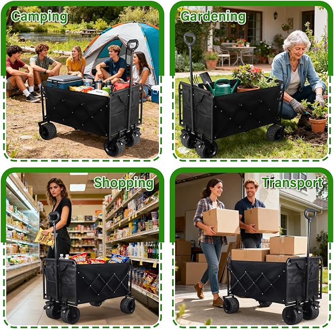 Folding Wagon Cart with All-Terrain Wheels – Heavy Duty Collapsible Utility Wagon for Grocery, Sports, Garden, Camping, Shopping (Black 600LBS)