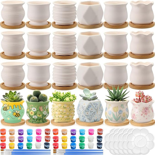 Leitee Flower Pots 3 Inch Paint Your Own Ceramic Pot Craft Kit Ready-to-Paint Small Succulent Pots Bulk with Drainage Hole Paint Set Mini Paintable Plant Vase for Spring Birthday DIY Gift(30pcs)
