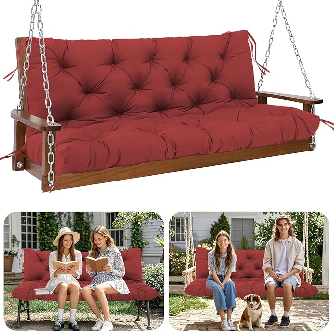 Premium 5" Thick Waterproof Outdoor Swing Cushions 3 Seater Sturdy Durable Porch Cushions 58 inch with Backrest&Ties Swing Cushions for Outdoor Furniture Backyard (Wine red, 58x40x5inches)