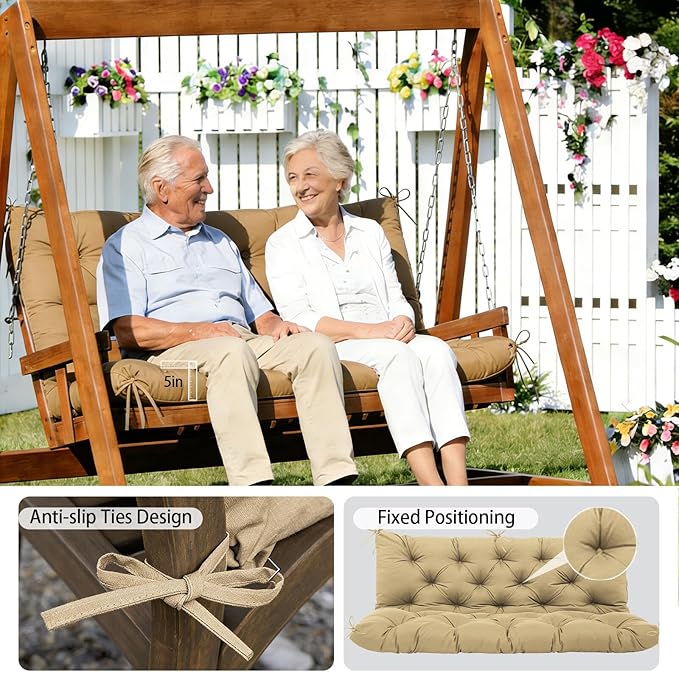 5" Thick Porch Outdoor Swing Cushions Waterproof Fade-Resistant 60x40 Inch 3 Seater with 8 Anti-Slip Ties Durable Replacement Cushion for Patio Long Bench Garden Furniture