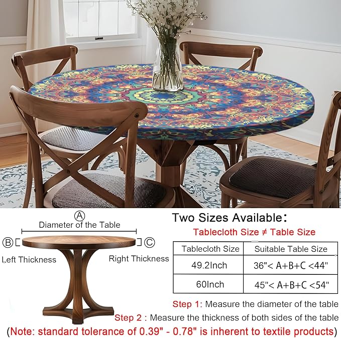 Round Tablecloth Waterproof Boho Fitted Vinyl Table Cloth Summer Fall Outdoor Circle Cover for 36-44" Tables Kitchen Dining Apartment Essentials Camping Picnic Party Decor Housewarming Gifts