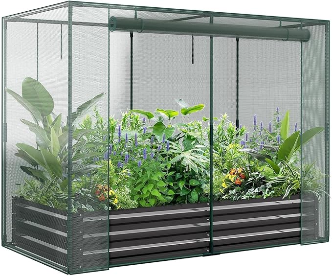 DoCred Crop Cage with Raised Garden Bed, 84.6" x 45.3" x 59" Plant Protection Tent Garden Cages with Window, 2 in 1 Galvanized Raised Garden Bed Kit and Mesh Cover for Garden, Yard, Lawn