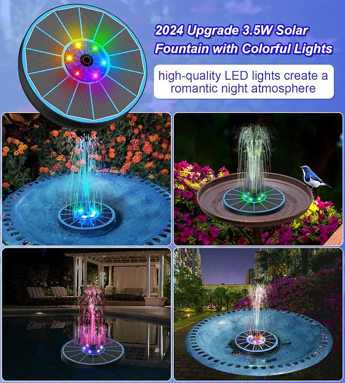 SZMP Solar Fountain Pump 3.5W Bird Bath Fountains with Blue Flower Upgraded Glass Panel, 7 Nozzle & 4 Fixer, Solar Powered Water Fountain for Garden, Pond, Outdoor (Colorful)