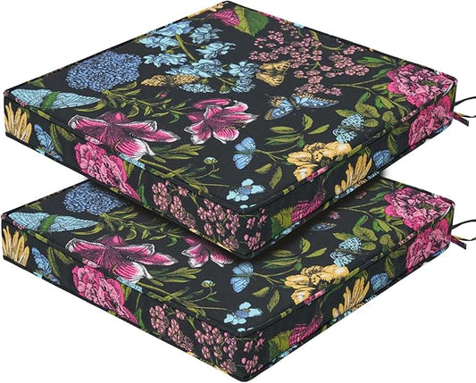 FUNHOME Outdoor Chair Cushions 18"x18"x2.5" Set of 2,Water Reistant Patio Chair Cushion with Zipper&Ties,18x18 Inch Square Seat Cushion for Garden Furniture Chairs(Butterfly Black)