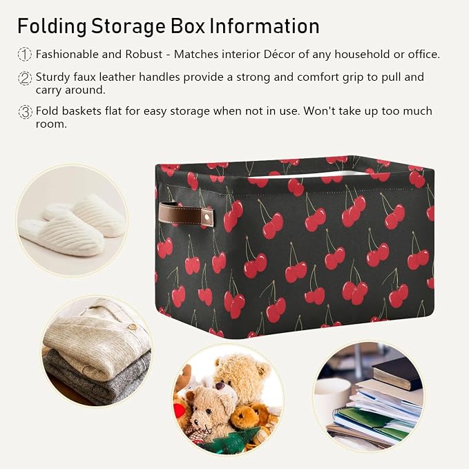 Wamika Cherry Red Storage Basket with Waterproof Liner and PU Handles Fruits Black Storage Bins Boxes 14.2" Collapsible Decorative Organizer Baskets for Bedroom Closet Office 2 Pack