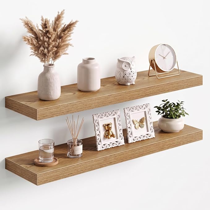 Acovy 30x8in Floating Shelves 2 Pack, Wall Mount Display Shelf, Light Brown | Invisible Brackets, 30lb Sturdy MDF, 30in Long, Easy Install, For Bedroom, Bathroom, Living Room, Kitchen & Office