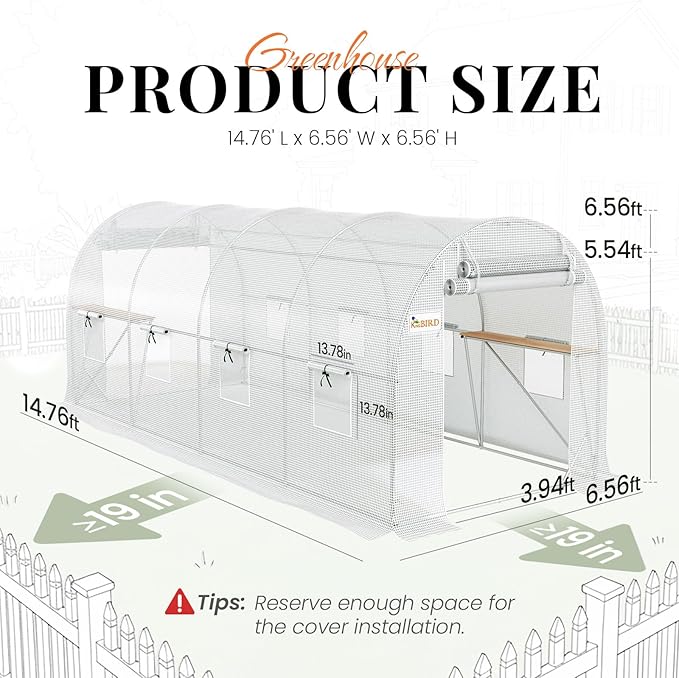 KING BIRD Premium 15x7x7 FT Greenhouse for Outdoors, Large Walk-in Heavy Duty Galvanized Steel Frame, Mesh Door Screen Window Tunnel Hoop Garden Plant Winter Hot House with Storage Shelves, White