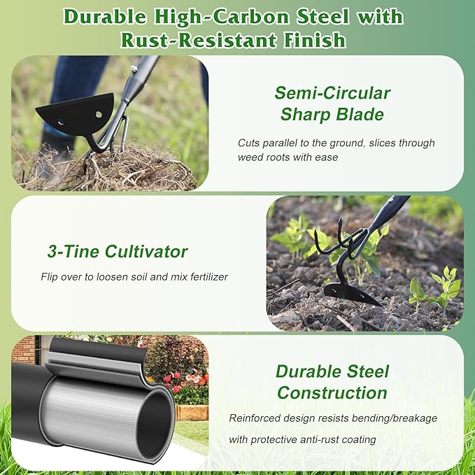 COCONUT 2-in-1 Garden Hoe, 45" Weeding & Cultivating Tool with Curved Tines & Sharp Blade, Stand-Up Design Saves Your Back, for Loosening Soil in Vegetable Garden & Flower Beds