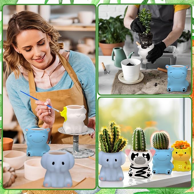 Beeveer 6 Sets Paint Your Own Ceramic Animal Succulent Planters Paintable Animal Ceramic Small DIY Figurines Unpainted Succulent Pots with Drainage Hole for Adults