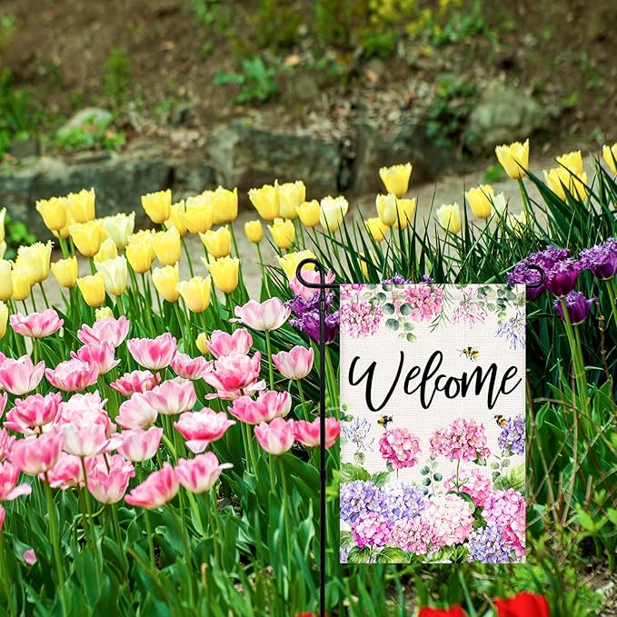 Welcome Spring Summer Garden Flag 12x18 Inch Double Sided Colorful Floral Hydrangea Bee Seasonal Small Burlap Garden Flags for Porch, Patio, Lawn, Farmhouse, Holiday Decoration