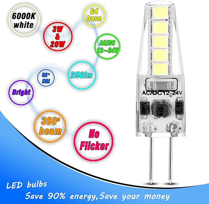 Heifymi 12 Volt G4 LED Bulb,20W-35W T3 JC Halogen Bulb Equivalent, 6000K Daylight White 3W 350LM for RV Camper Puck Light,Chandeliers,Landscape Lighting,Microwave Lighting,Under Cabinet Light,10 Pack
