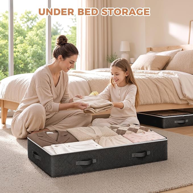 Budding Joy Under Bed Storage Containers with Clear Lids, 4 Pack | Underbed Storage Bags for Blankets, Towels, Comforter, Sweaters, Linen Sheets, Wrapping Paper