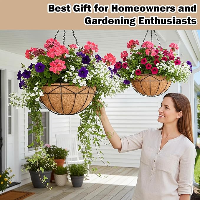 Hanging Baskets for Outdoor Plants (12 inch 2 Pack) Black Metal Wire Flower Basket Coconut Coir Hanging Planters with Chain Indoor Plant Holder for Patio Garden Balcony