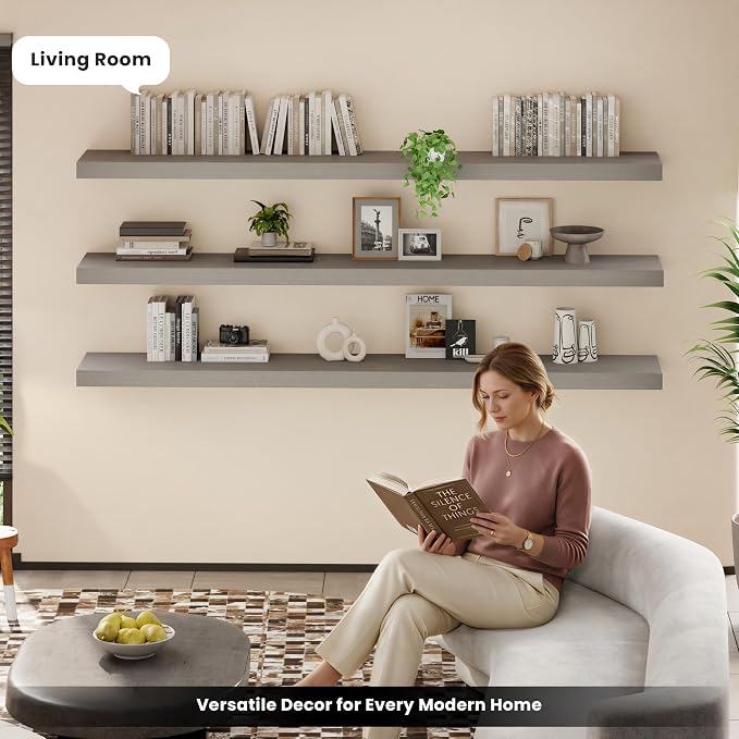 72 Inch Floating Shelves for Wall, Set of 3 | Wood Wall Mounted Shelves with Invisible Brackets, Rustic Farmhouse Extra Long Shelf for Bedroom Living Room Kitchen (Grey)