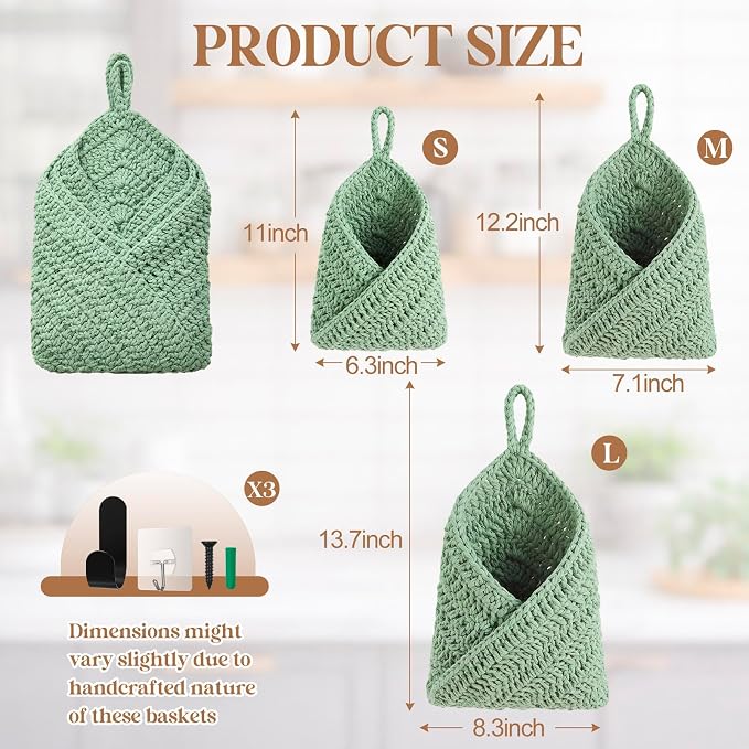 Honeydak 3 Hanging Baskets, Sage Green, Triangle, Cotton Rope | Wicker Wall Baskets with Hooks for Fruit Vegetable Onion Storage, Teardrop Organizer for Kitchen, Boho Farmhouse Decor