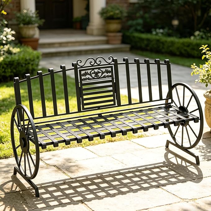 Outdoor Bench Patio Outdoor Garden Bench with Built-in Table, Wagon Wheel Arms, 3 People Outdoor Bench Garden Bench Front Porch Furniture (Black)