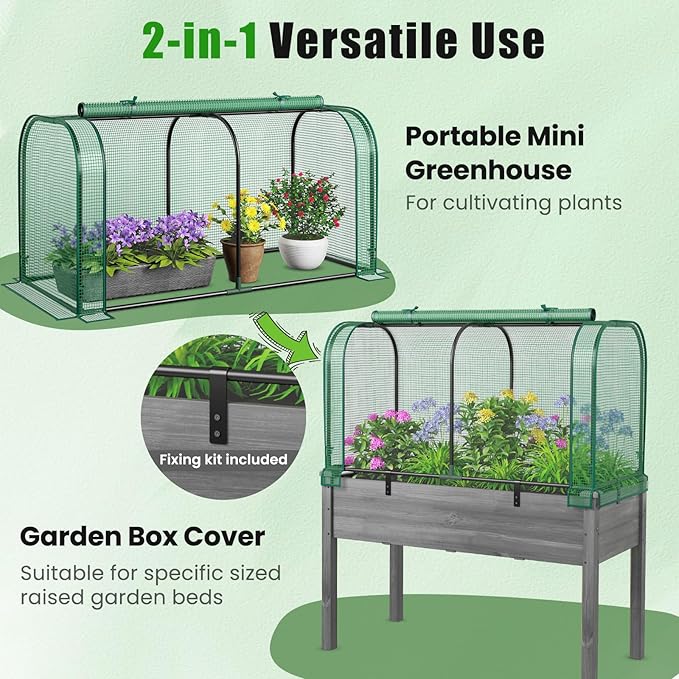 Giantex Raised Garden Bed with Cover, Wood Elevated Planter Box with Legs & Mini Greenhouse, Waterproof Sun-Protective PE Green House Cover, Outdoor Use for Fruit Vegetable Flower Herb (Green+Gray)
