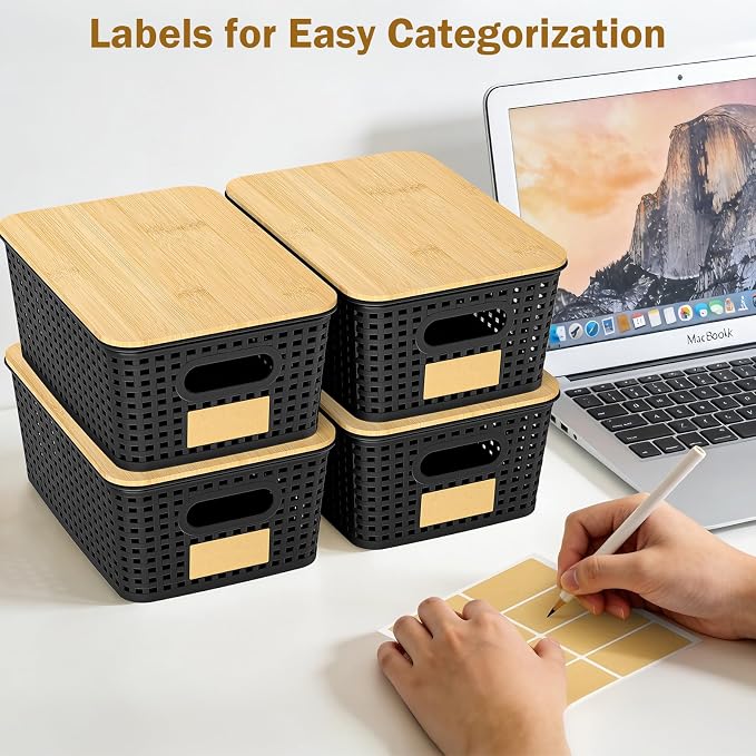 Stackable Storage Baskets: 8 Pack Plastic Baskets Bins, Black | Decorative Baskets for Organizing, Pantry Decorative Containers for Closets, Cabinets, Shelves