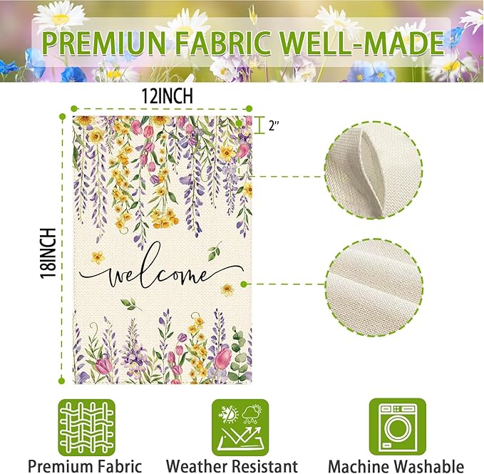 Spring Summer Wisteria Wildflowers Welcome Garden Flag 12 x 18 Inch Double Sided, Daffodils Floral Burlap Small Yard Flag Holiday Farmhouse Flags for Patio Outdoor Outside Decoration