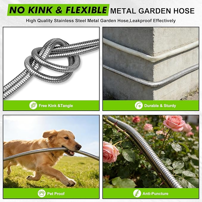 Metal Garden Hose 10 Ft Stainless Steel Short Water Hose with Metal Connector Flexible Leakproof Garden Hoses, Lightweight, Rust Proof, Puncture Proof Water Pipe for Hose Reel Yard Lawn Outdoor RV