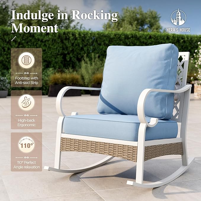 HERA'S HOUSE Outdoor Rocking Chairs Set of 2 with Cushions, High Back Patio Metal Rocker, All Weather Garden Furniture for Lawn, Backyard, Deck, Blue