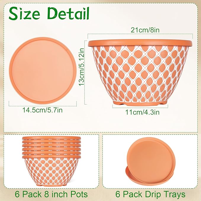 Nooulap 6 Pack 8 Inch Plant Pot, Flower Pots for Indoor Outdoor, Durable Decorative Planters for House Garden Plants Herbs Flowers Succulents, Orange and White Checkered Design