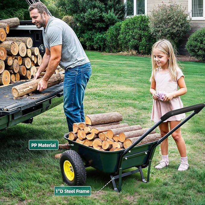 2 Wheel Wheelbarrows, Dual-Wheel Garden Dump Cart with 10" Non-Slip Pneumatic Tires & Ergonomic Padded Handle, Heavy-Duty Utility Yard Cart Wagon with 3 Cu Ft Capacity for Lawn, Gardening,Farm